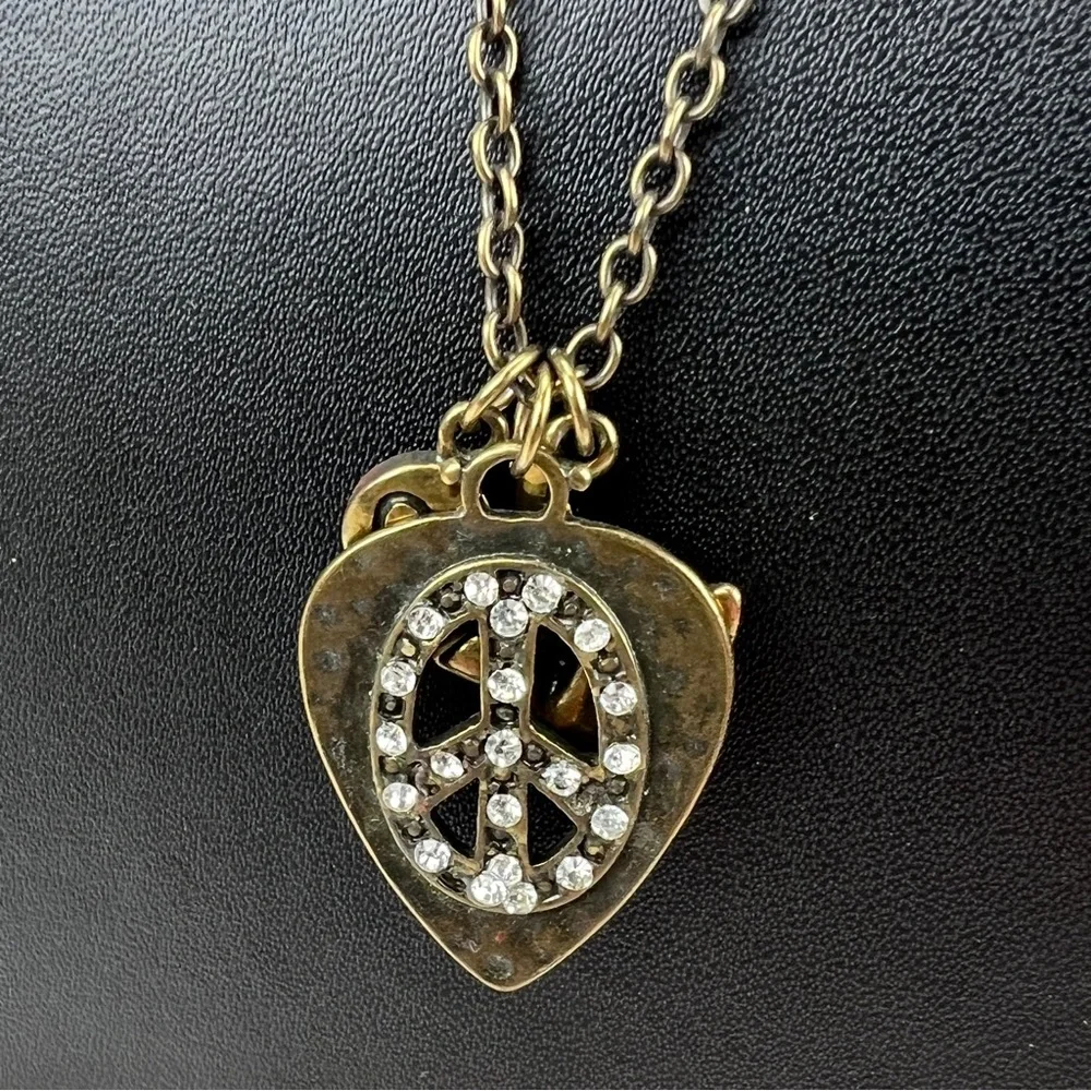 Beautiful bronze stone, 3 charm peace sign, heart, bird, long costume necklace - Picture 9 of 11
